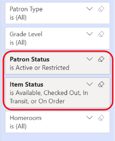 Patron Status and Item Status filter cards highlighted to show they are grey.